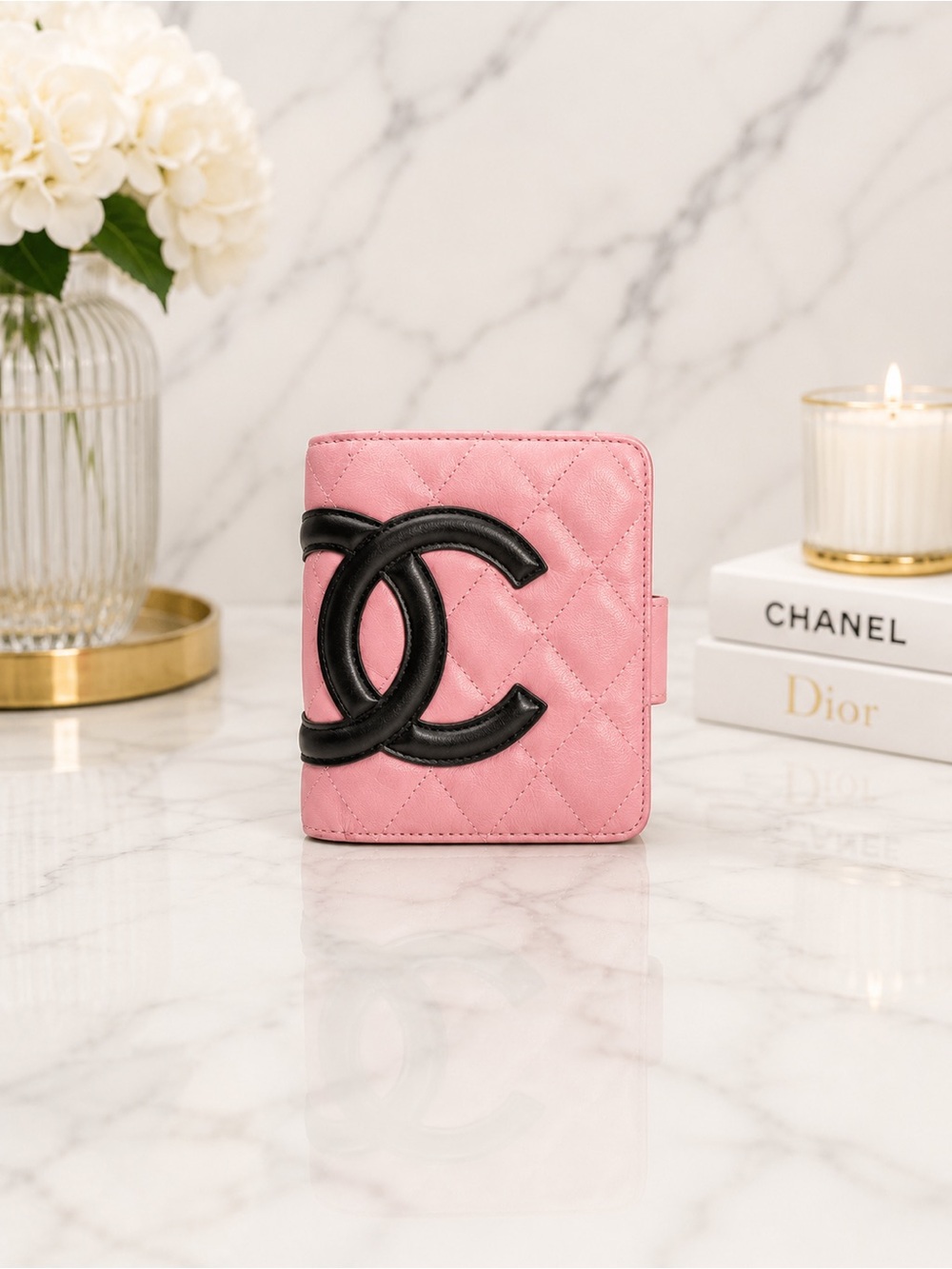 CHANEL Cambon Ligne Quilted Lambskin Bifold Wallet Pink & Black Full Inclusion